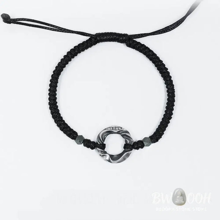 Buddha Stones 999 Sterling Silver Peace Buckle Black Wax Rope Protection Bracelet - BWOOOH - 999 Sterling Silver Wax
