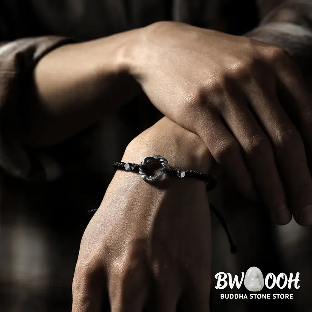Buddha Stones 999 Sterling Silver Peace Buckle Black Wax Rope Protection Bracelet - BWOOOH - 999 Sterling Silver Wax