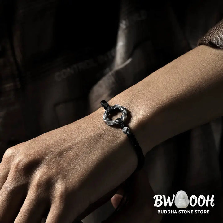 Buddha Stones 999 Sterling Silver Peace Buckle Black Wax Rope Protection Bracelet - BWOOOH - 999 Sterling Silver Wax