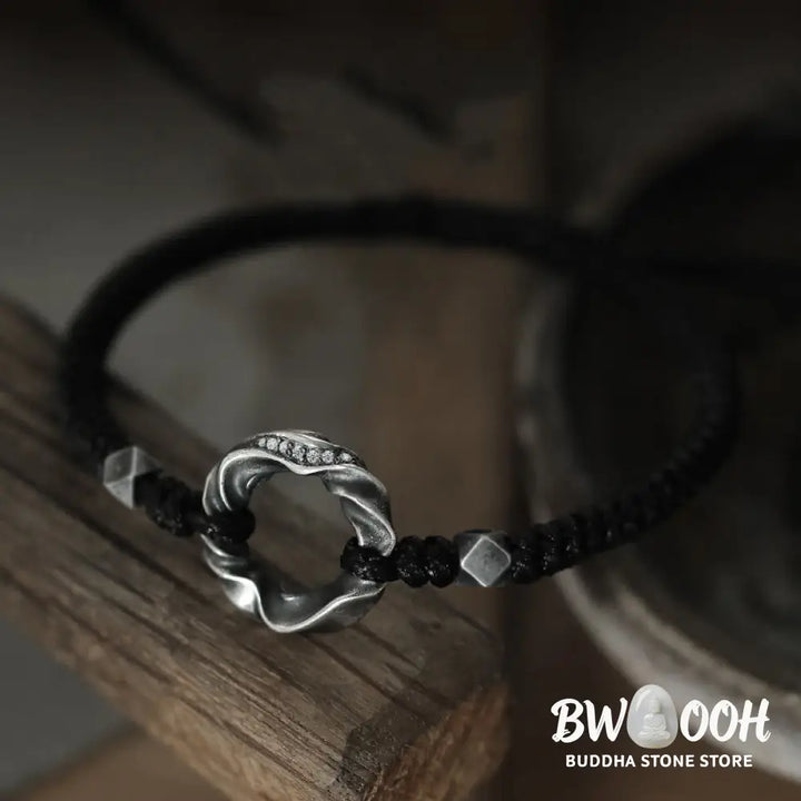 Buddha Stones 999 Sterling Silver Peace Buckle Black Wax Rope Protection Bracelet - BWOOOH - 999 Sterling Silver Wax