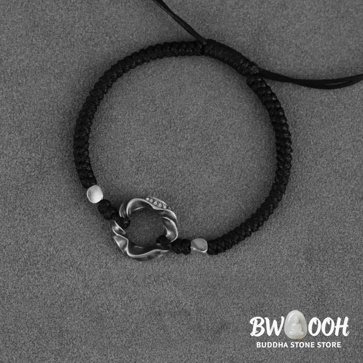 Buddha Stones 999 Sterling Silver Peace Buckle Black Wax Rope Protection Bracelet - BWOOOH - 999 Sterling Silver Wax