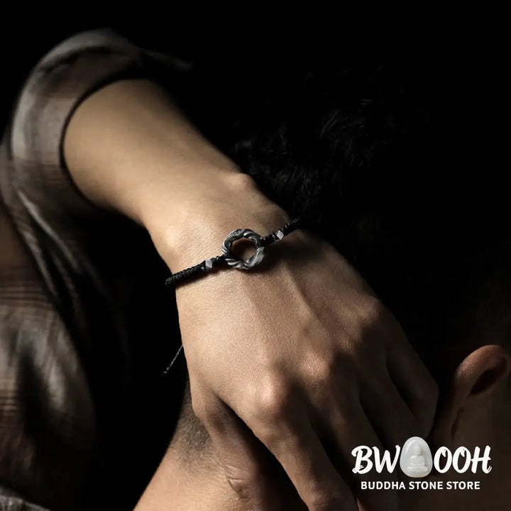 Buddha Stones 999 Sterling Silver Peace Buckle Black Wax Rope Protection Bracelet - BWOOOH - 999 Sterling Silver Wax
