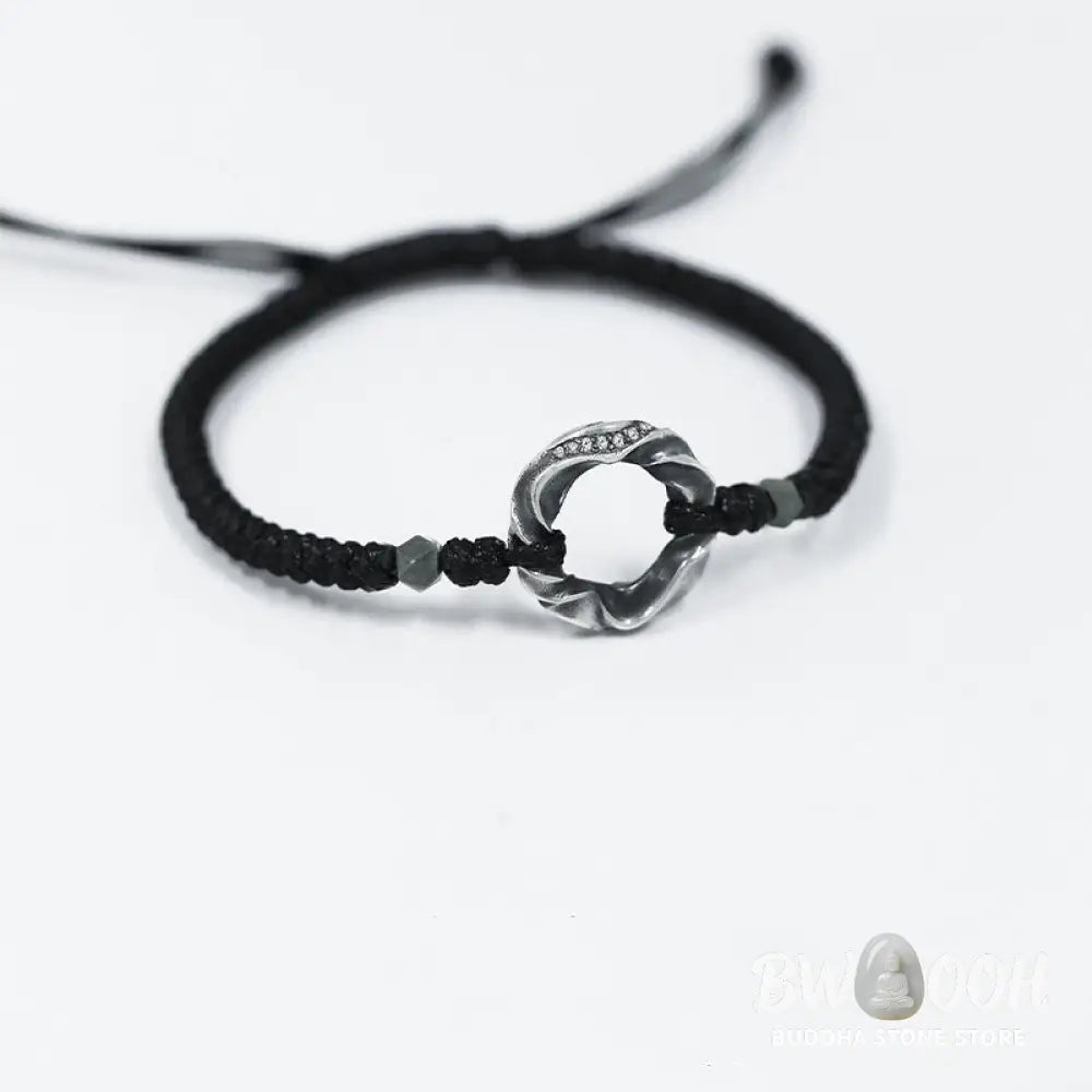 Buddha Stones 999 Sterling Silver Peace Buckle Black Wax Rope Protection Bracelet - BWOOOH - 999 Sterling Silver Wax