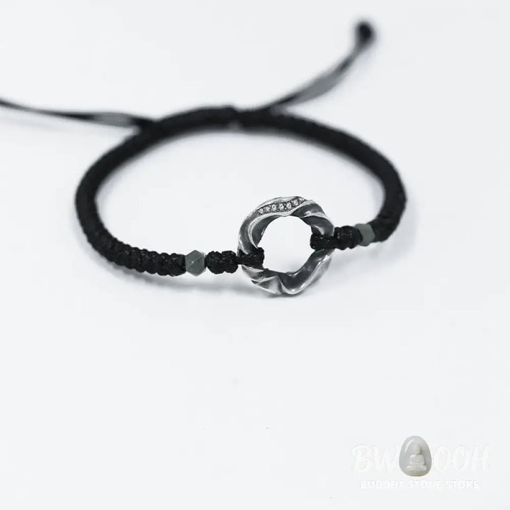 Buddha Stones 999 Sterling Silver Peace Buckle Black Wax Rope Protection Bracelet - BWOOOH - 999 Sterling Silver Wax