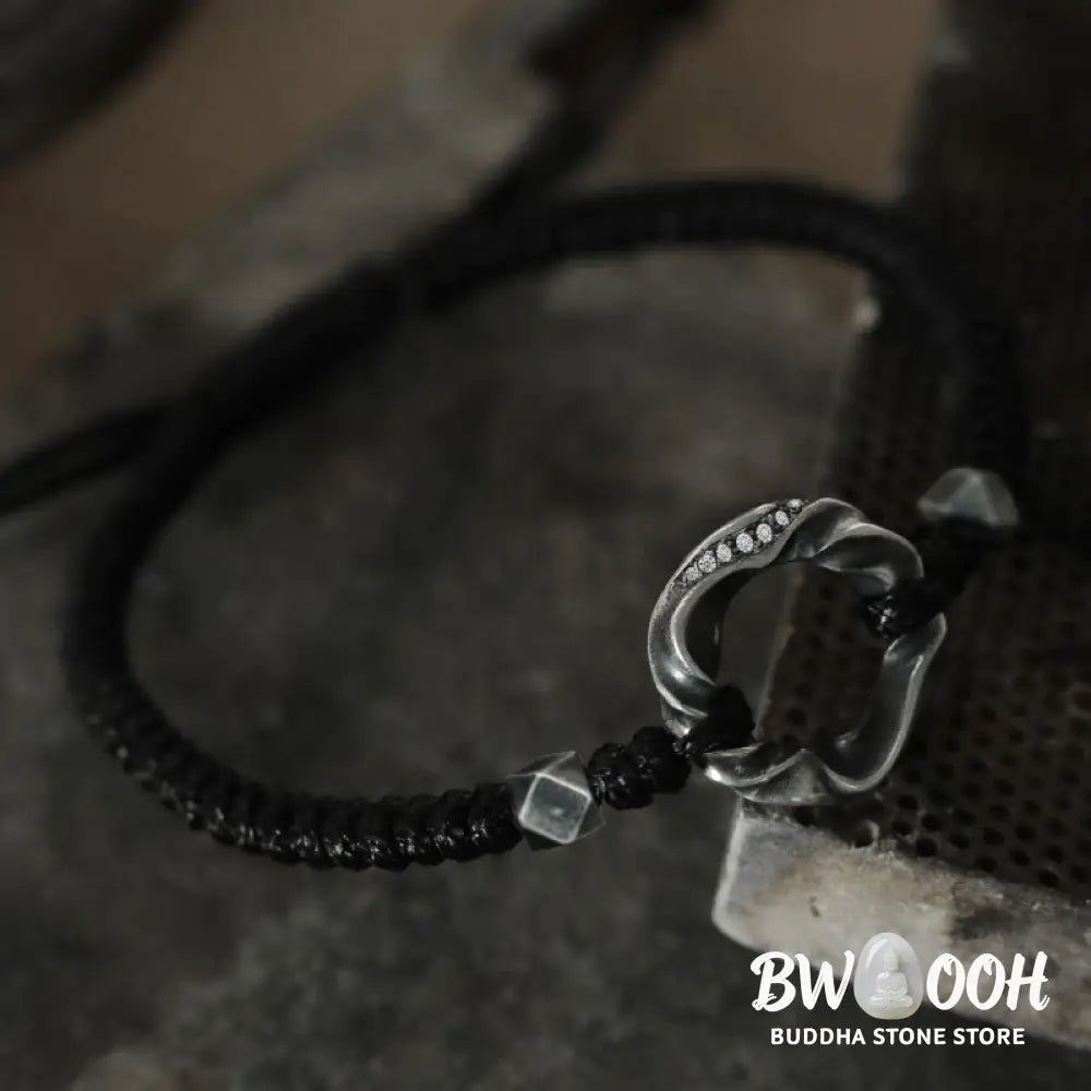 Buddha Stones 999 Sterling Silver Peace Buckle Black Wax Rope Protection Bracelet - BWOOOH - 999 Sterling Silver Wax