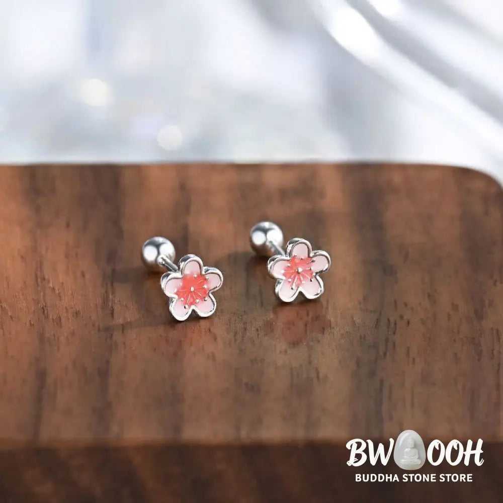 Buddha Stones 999 Sterling Silver Peach Blossom Blessing Earrings - Silver Earrings(925 Sterling Silver Posts)