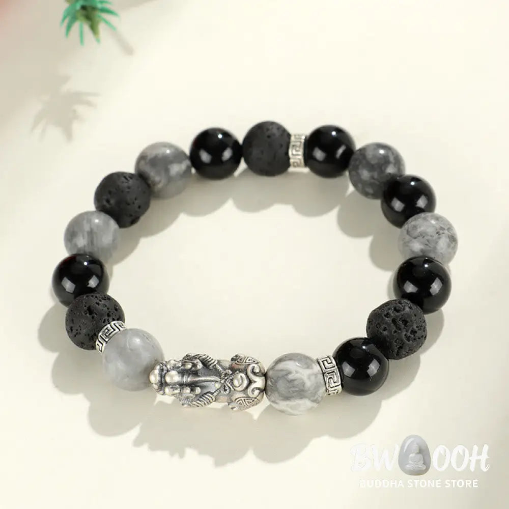 Buddha Stones 999 Sterling Silver PiXiu Black Onyx Grey Jasper Lava Rock Protection Bracelet - BWOOOH - Black Onyx&amp;Grey