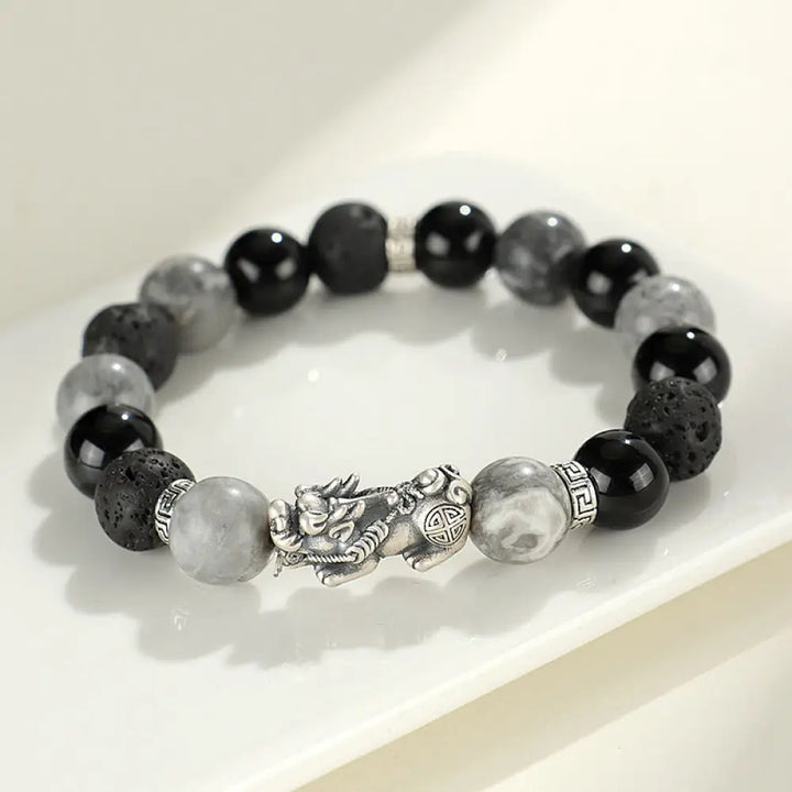 BWOOOH 999 Sterling Silver PiXiu Black Onyx Grey Jasper Lava Rock Protection Bracelet — Sterling Silver feng shui bracelet...