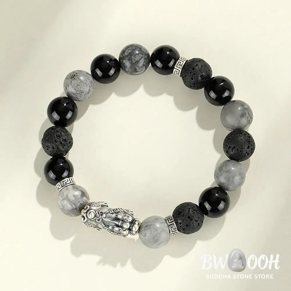 Buddha Stones 999 Sterling Silver PiXiu Black Onyx Grey Jasper Lava Rock Protection Bracelet - BWOOOH - Black Onyx&amp;Grey