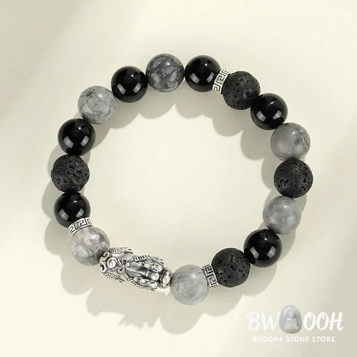 Buddha Stones 999 Sterling Silver PiXiu Black Onyx Grey Jasper Lava Rock Protection Bracelet - BWOOOH - Black Onyx&amp;Grey