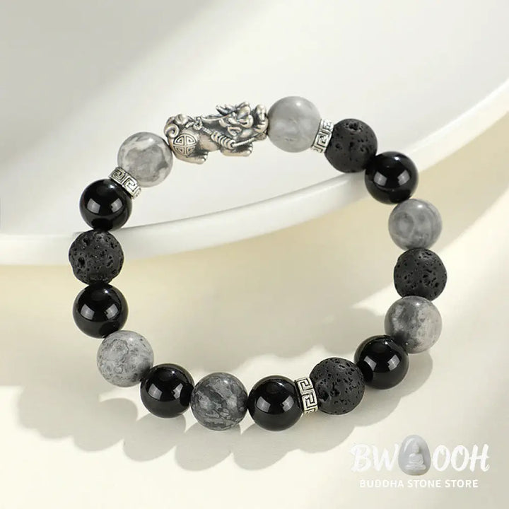 Buddha Stones 999 Sterling Silver PiXiu Black Onyx Grey Jasper Lava Rock Protection Bracelet - BWOOOH - Black Onyx&amp;Grey
