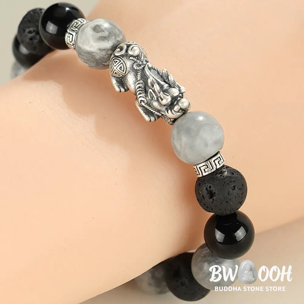 Buddha Stones 999 Sterling Silver PiXiu Black Onyx Grey Jasper Lava Rock Protection Bracelet - BWOOOH - Black Onyx&amp;Grey