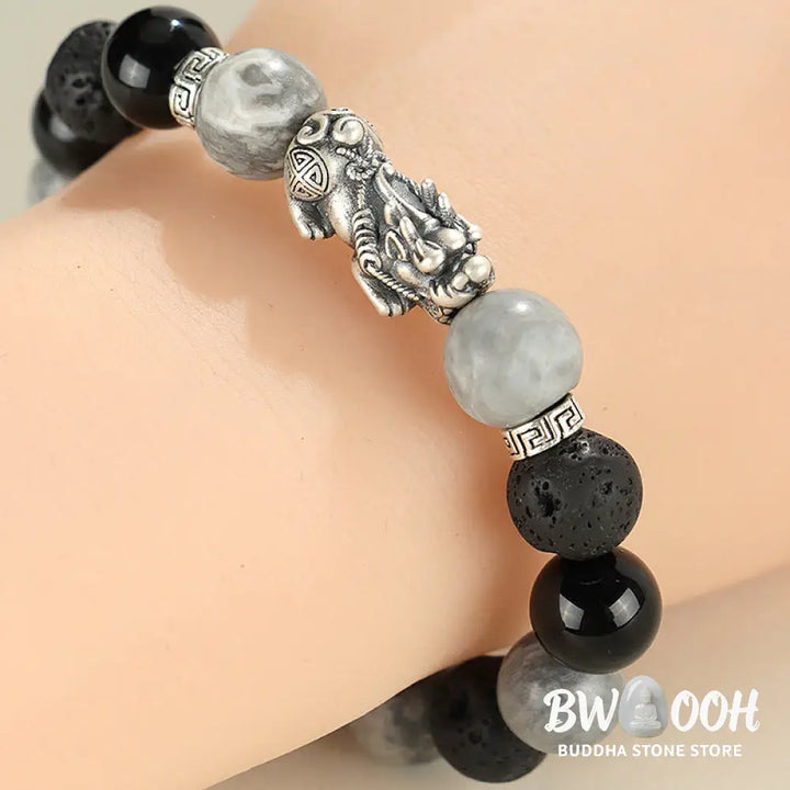 Buddha Stones 999 Sterling Silver PiXiu Black Onyx Grey Jasper Lava Rock Protection Bracelet - BWOOOH - Black Onyx&amp;Grey