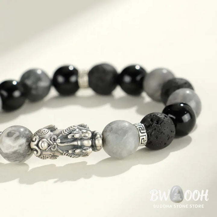 Buddha Stones 999 Sterling Silver PiXiu Black Onyx Grey Jasper Lava Rock Protection Bracelet - BWOOOH - Black Onyx&amp;Grey