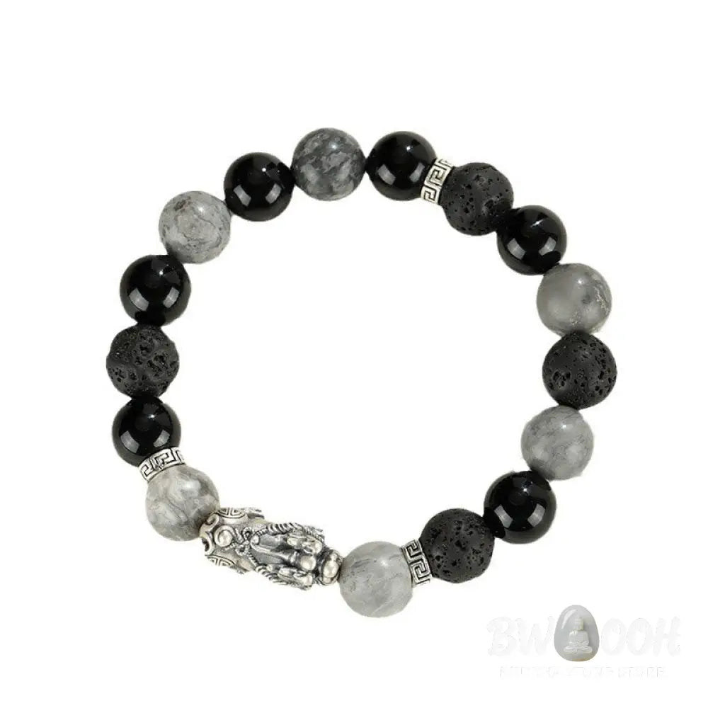 Buddha Stones 999 Sterling Silver PiXiu Black Onyx Grey Jasper Lava Rock Protection Bracelet - BWOOOH - Black Onyx&amp;Grey