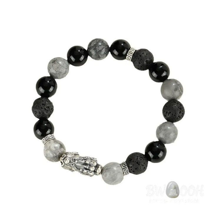 Buddha Stones 999 Sterling Silver PiXiu Black Onyx Grey Jasper Lava Rock Protection Bracelet - BWOOOH - Black Onyx&amp;Grey