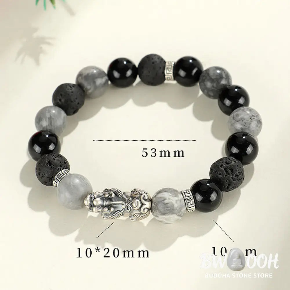 Buddha Stones 999 Sterling Silver PiXiu Black Onyx Grey Jasper Lava Rock Protection Bracelet - BWOOOH - Black Onyx&amp;Grey