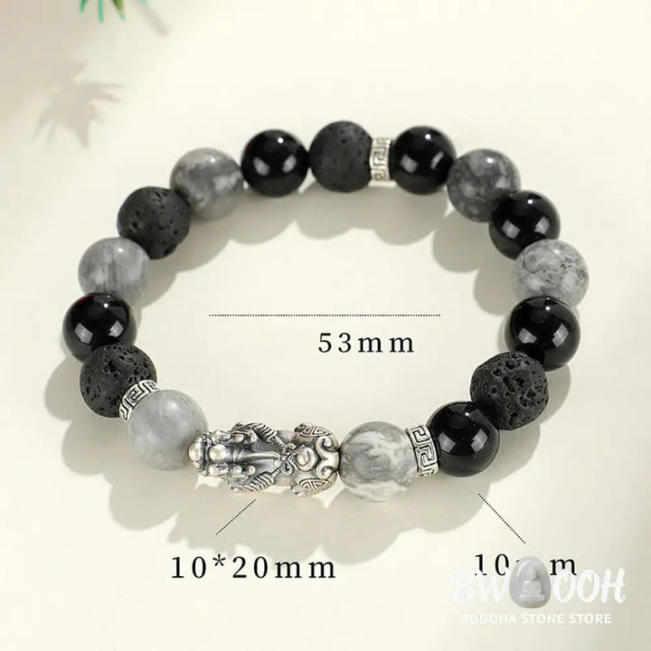 Buddha Stones 999 Sterling Silver PiXiu Black Onyx Grey Jasper Lava Rock Protection Bracelet - BWOOOH - Black Onyx&amp;Grey