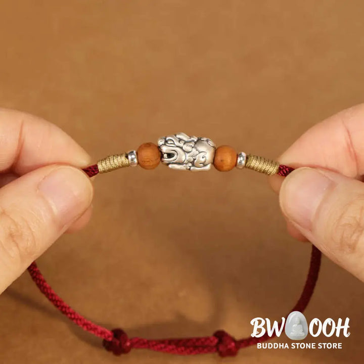 Buddha Stones 999 Sterling Silver Pixiu Charm Peach Wood Bead Handmade String Braided Luck Bracelet Anklet - Bracelet
