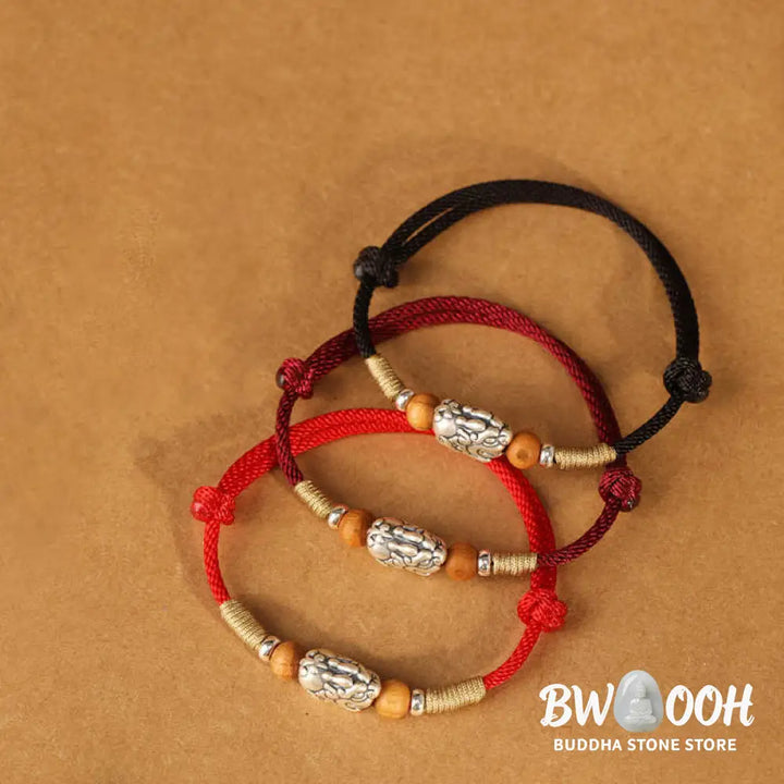 Buddha Stones 999 Sterling Silver Pixiu Charm Peach Wood Bead Handmade String Braided Luck Bracelet Anklet - Bracelet