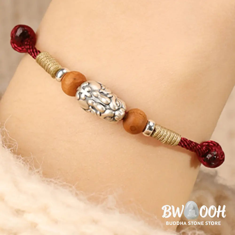 Buddha Stones 999 Sterling Silver Pixiu Charm Peach Wood Bead Handmade String Braided Luck Bracelet Anklet - Bracelet