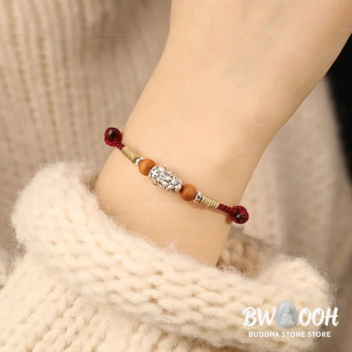 Buddha Stones 999 Sterling Silver Pixiu Charm Peach Wood Bead Handmade String Braided Luck Bracelet Anklet - Bracelet