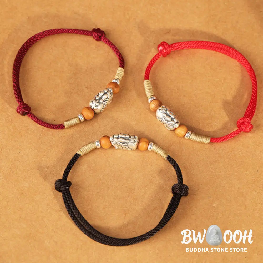 Buddha Stones 999 Sterling Silver Pixiu Charm Peach Wood Bead Handmade String Braided Luck Bracelet Anklet - Bracelet