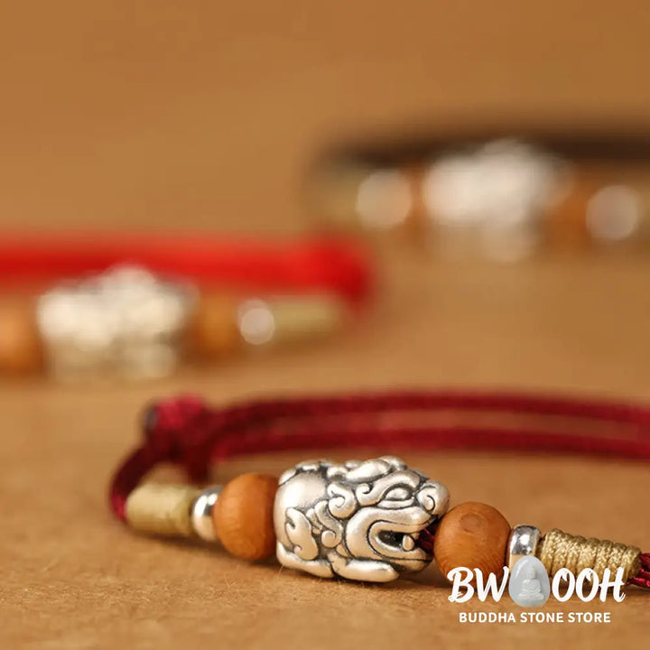 Buddha Stones 999 Sterling Silver Pixiu Charm Peach Wood Bead Handmade String Braided Luck Bracelet Anklet - Bracelet