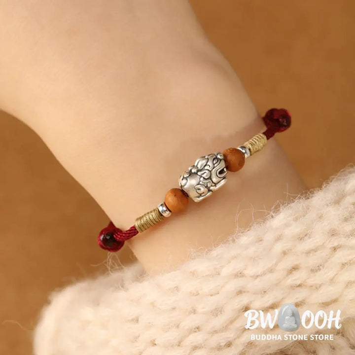 Buddha Stones 999 Sterling Silver Pixiu Charm Peach Wood Bead Handmade String Braided Luck Bracelet Anklet - Bracelet