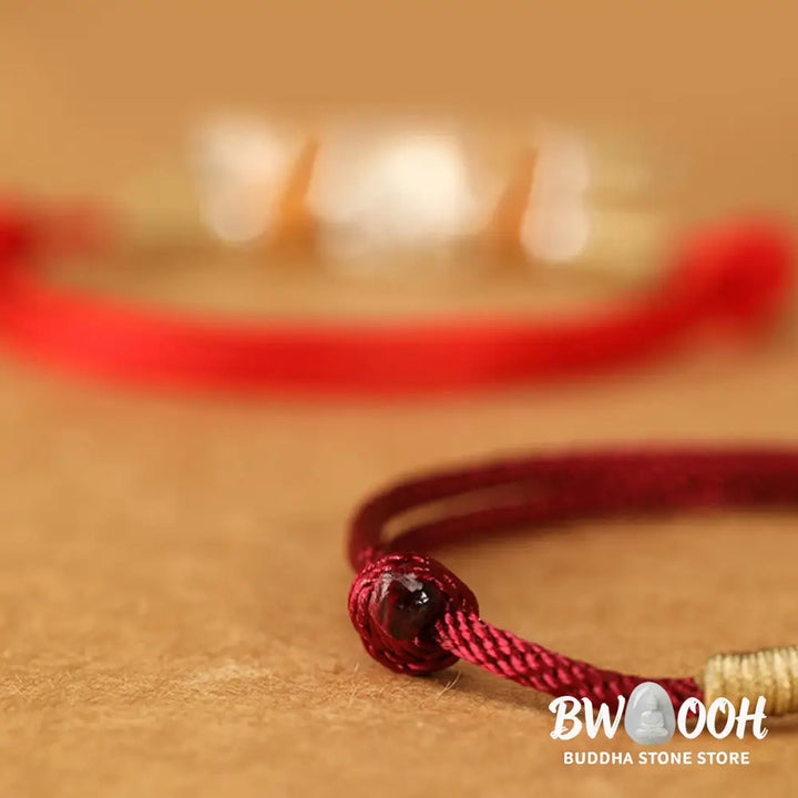 Buddha Stones 999 Sterling Silver Pixiu Charm Peach Wood Bead Handmade String Braided Luck Bracelet Anklet - Bracelet