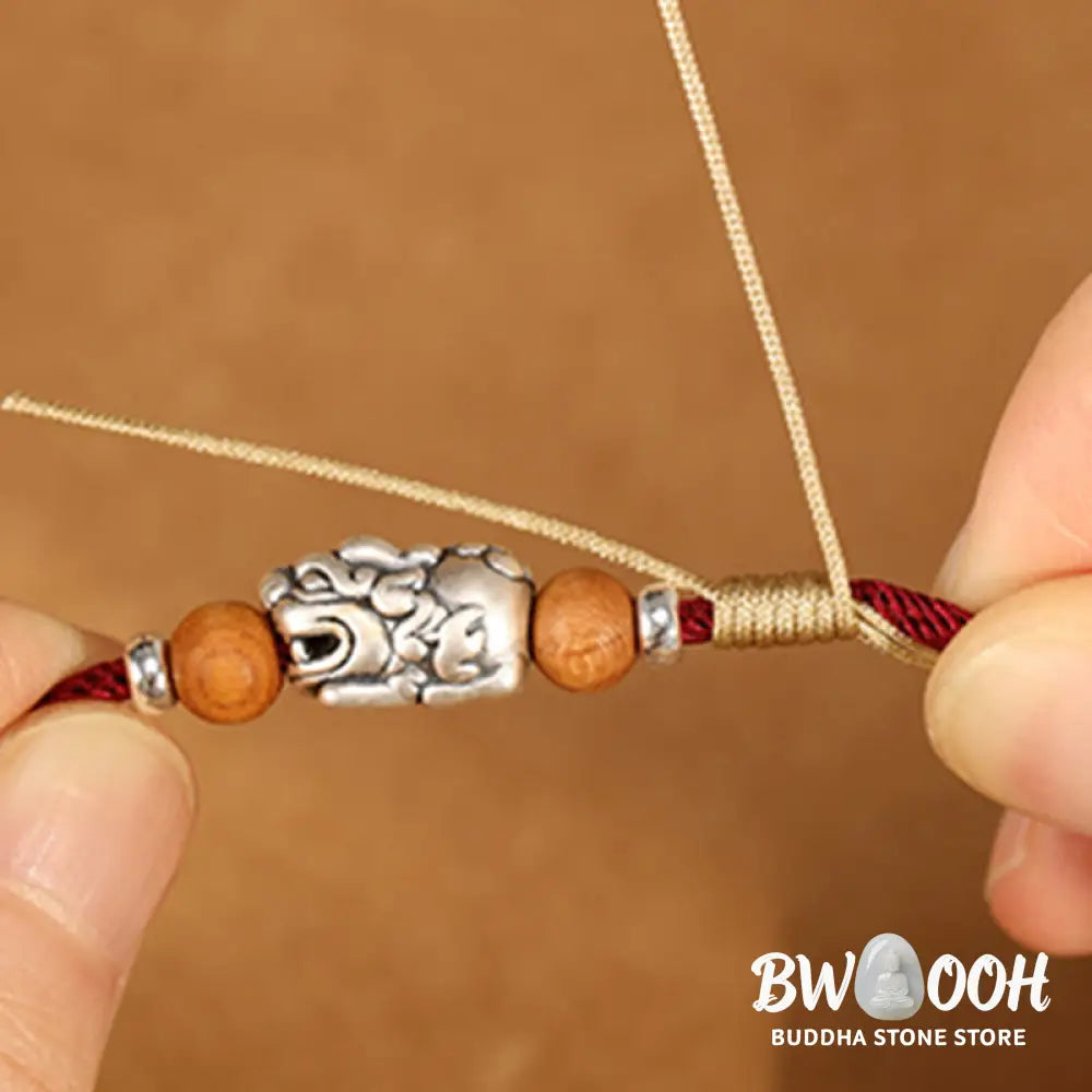 Buddha Stones 999 Sterling Silver Pixiu Charm Peach Wood Bead Handmade String Braided Luck Bracelet Anklet - Bracelet