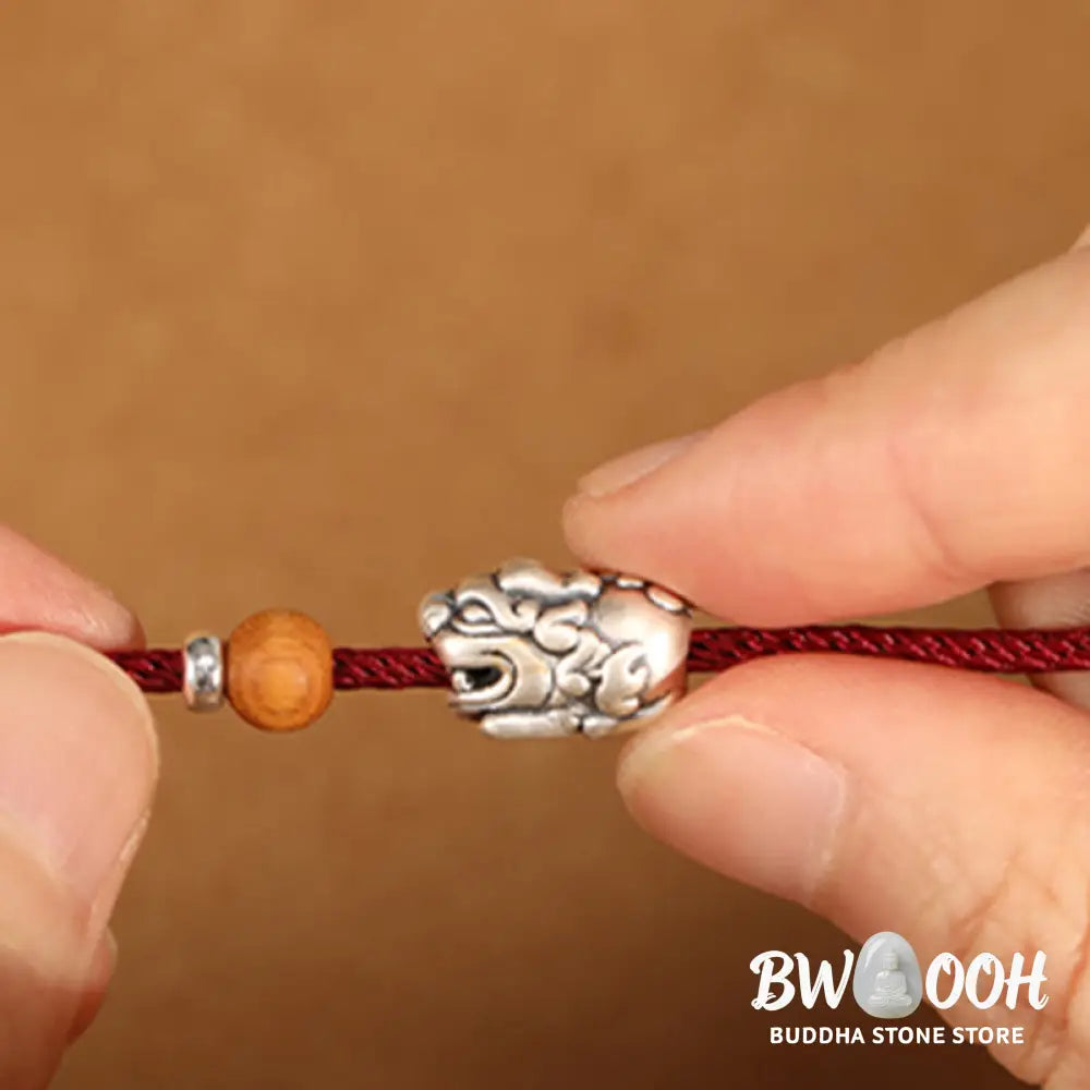 Buddha Stones 999 Sterling Silver Pixiu Charm Peach Wood Bead Handmade String Braided Luck Bracelet Anklet - Bracelet