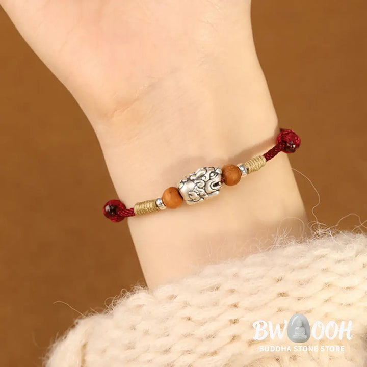 Buddha Stones 999 Sterling Silver Pixiu Charm Peach Wood Bead Handmade String Braided Luck Bracelet Anklet - Bracelet