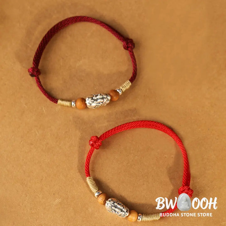 Buddha Stones 999 Sterling Silver Pixiu Charm Peach Wood Bead Handmade String Braided Luck Bracelet Anklet - Bracelet