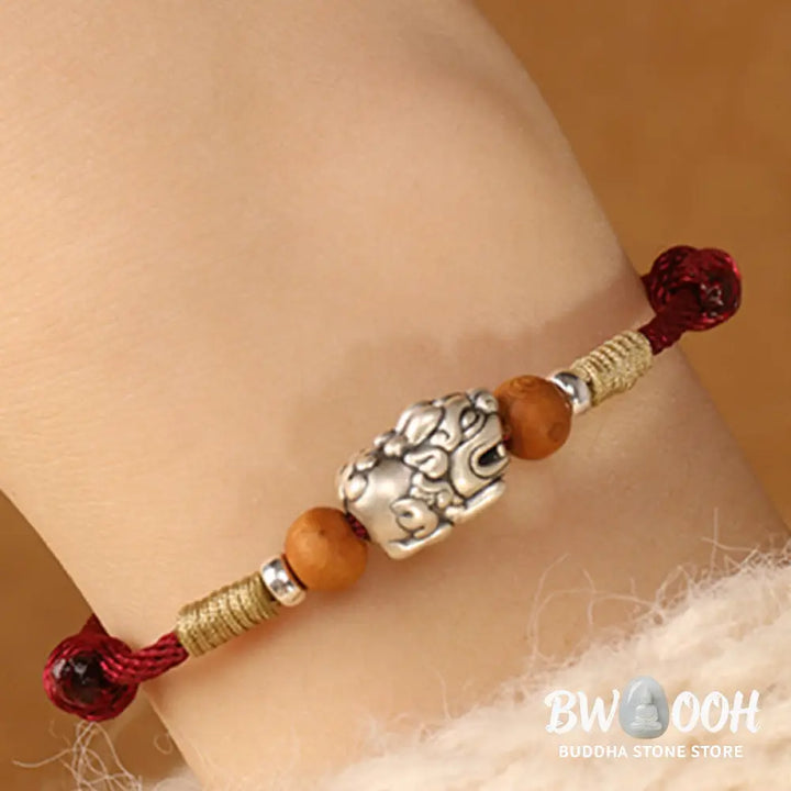 Buddha Stones 999 Sterling Silver Pixiu Charm Peach Wood Bead Handmade String Braided Luck Bracelet Anklet - Bracelet
