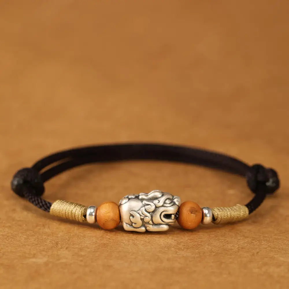 Buddha Stones 999 Sterling Silver Pixiu Charm Peach Wood Bead Handmade String Braided Luck Bracelet Anklet - Black