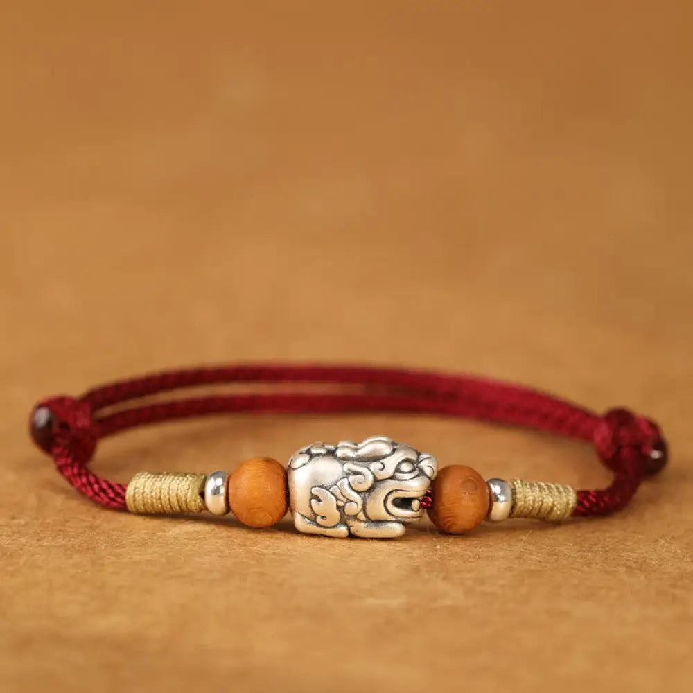 Buddha Stones 999 Sterling Silver Pixiu Charm Peach Wood Bead Handmade String Braided Luck Bracelet Anklet - Darkred