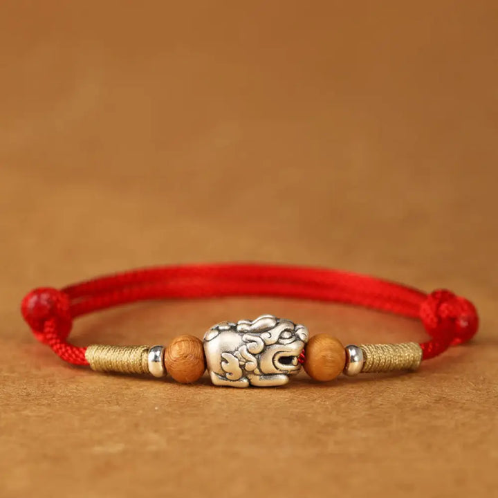Buddha Stones 999 Sterling Silver Pixiu Charm Peach Wood Bead Handmade String Braided Luck Bracelet Anklet - Red String
