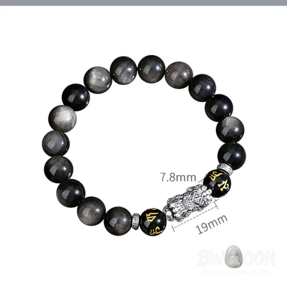 Buddha Stones 999 Sterling Silver PiXiu Natural Black Obsidian Strength Bracelet - Black Obsidian(Wrist Circumference: