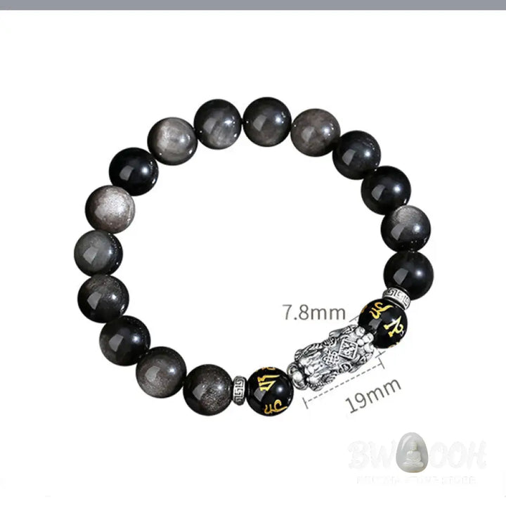 Buddha Stones 999 Sterling Silver PiXiu Natural Black Obsidian Strength Bracelet - Black Obsidian(Wrist Circumference: