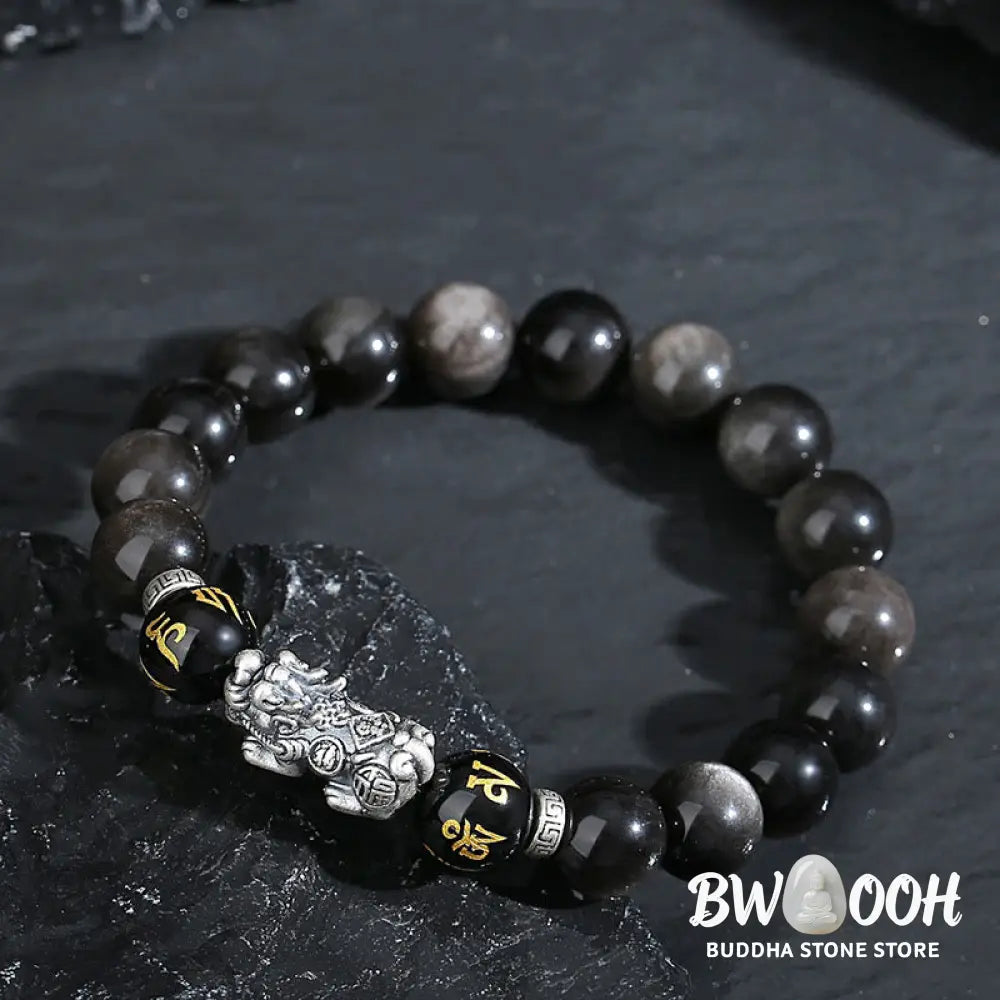 Buddha Stones 999 Sterling Silver PiXiu Natural Black Obsidian Strength Bracelet - Black Obsidian(Wrist Circumference: