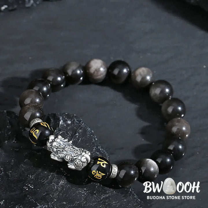 Buddha Stones 999 Sterling Silver PiXiu Natural Black Obsidian Strength Bracelet - Black Obsidian(Wrist Circumference:
