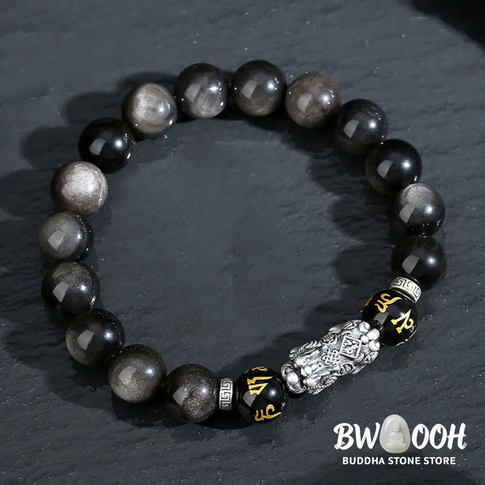 Buddha Stones 999 Sterling Silver PiXiu Natural Black Obsidian Strength Bracelet - Black Obsidian(Wrist Circumference: