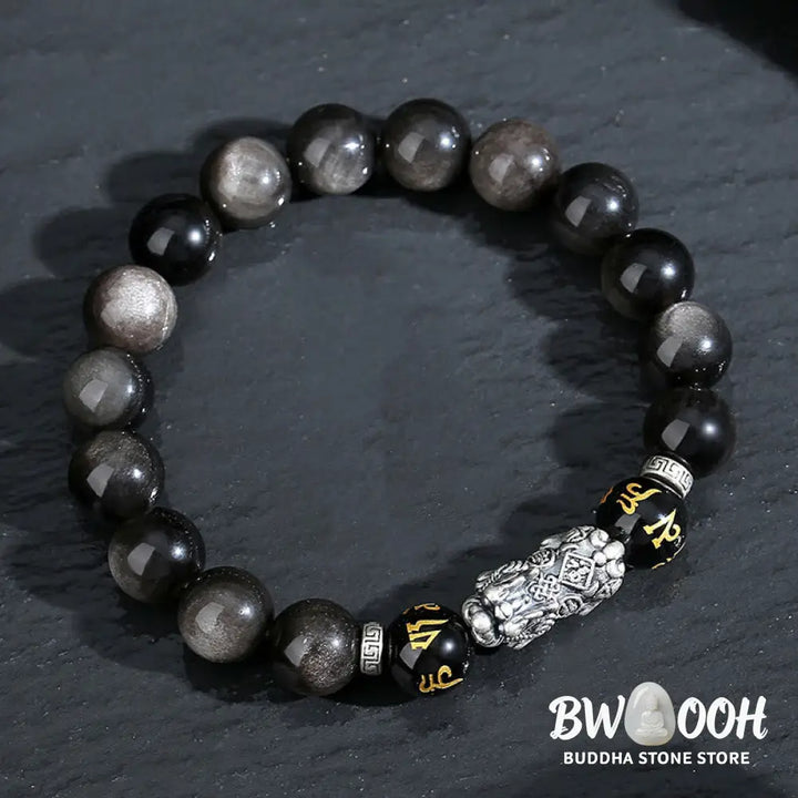 Buddha Stones 999 Sterling Silver PiXiu Natural Black Obsidian Strength Bracelet - Black Obsidian(Wrist Circumference: