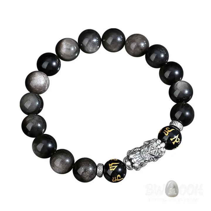 Buddha Stones 999 Sterling Silver PiXiu Natural Black Obsidian Strength Bracelet - Black Obsidian(Wrist Circumference: