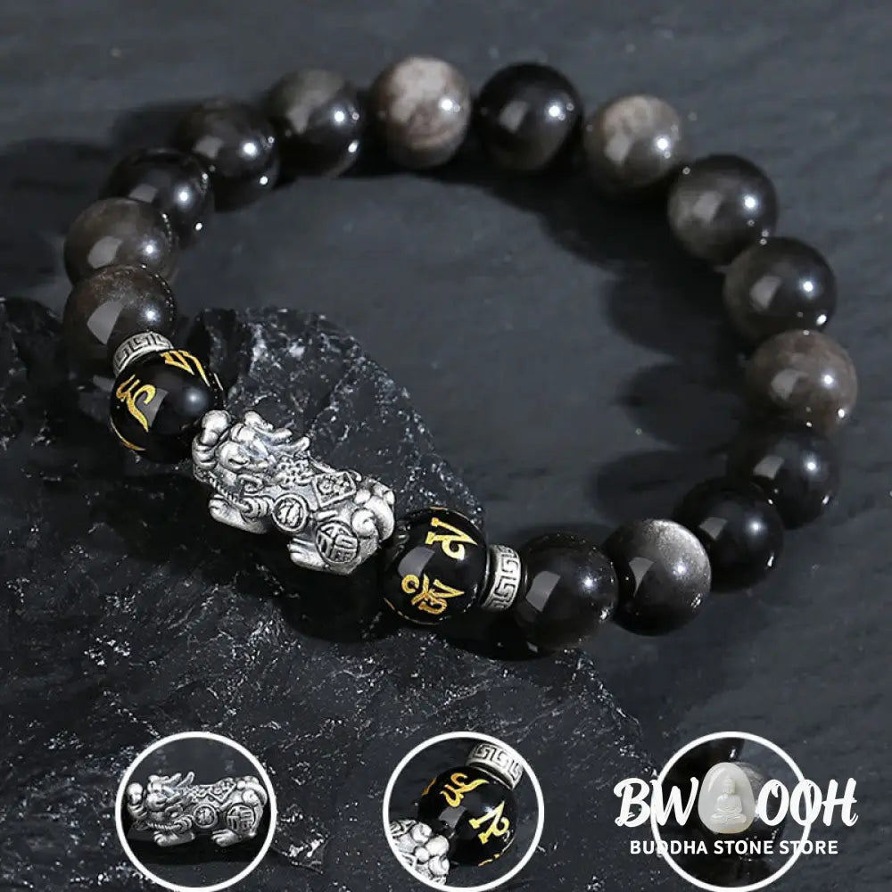 Buddha Stones 999 Sterling Silver PiXiu Natural Black Obsidian Strength Bracelet - Black Obsidian(Wrist Circumference: