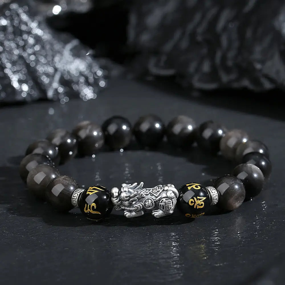 Buddha Stones 999 Sterling Silver PiXiu Natural Black Obsidian Strength Bracelet - Black Obsidian(Wrist Circumference: