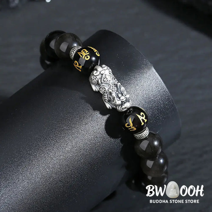 Buddha Stones 999 Sterling Silver PiXiu Natural Black Obsidian Strength Bracelet - Black Obsidian(Wrist Circumference: