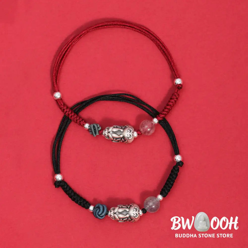 Buddha Stones 999 Sterling Silver PiXiu Strawberry Quartz Bead Wealth Luck Braided Bracelet - BWOOOH - Bracelet