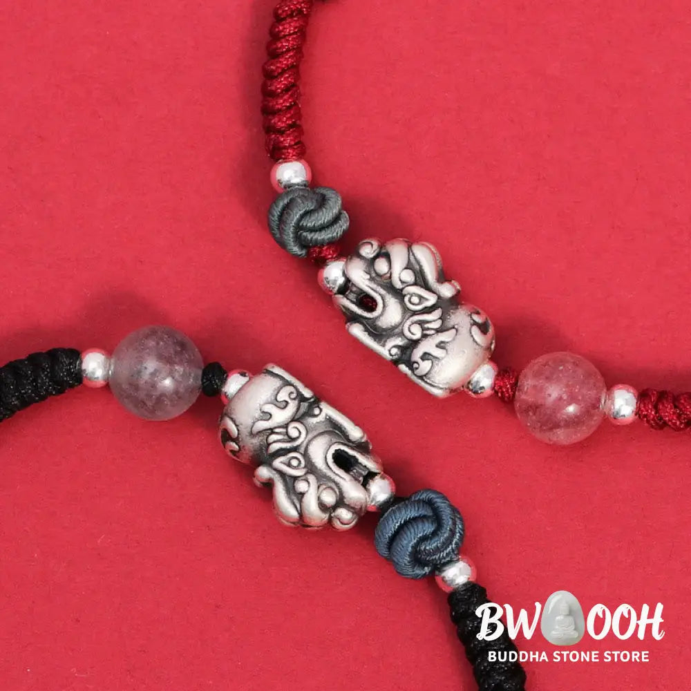 Buddha Stones 999 Sterling Silver PiXiu Strawberry Quartz Bead Wealth Luck Braided Bracelet - BWOOOH - Bracelet